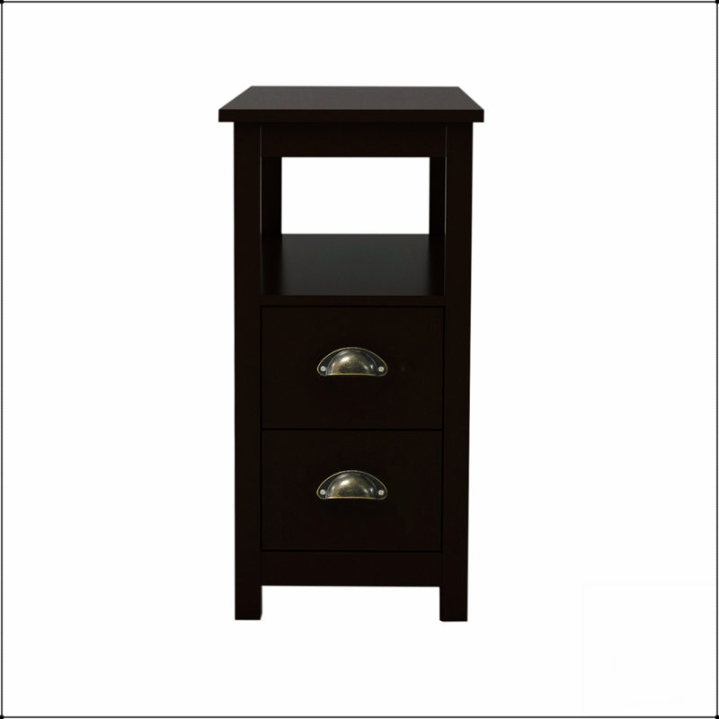 Table de chevet étroite avec deux tiroirs et une tablette ouverte, durable et élégante pour les espaces compacts et le rangement amélioré
