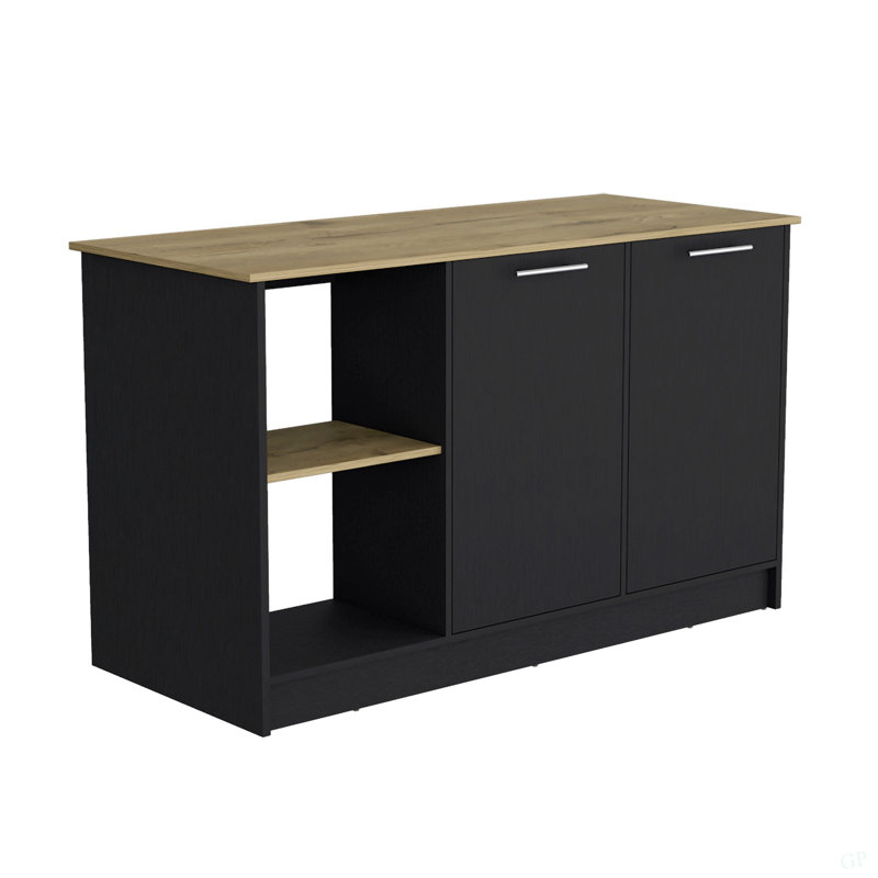 Juniper Kitchen Island With Large Top Surface, Double Door Cabinet, And Open Shelves, Black/Dark Walnut