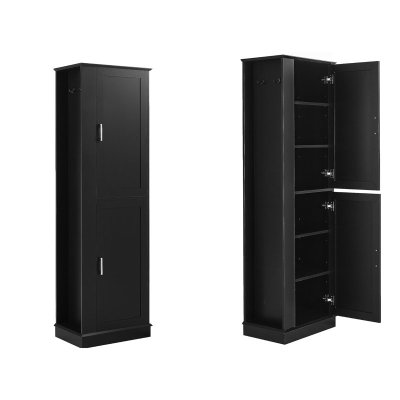 Tall Bathroom Storage Cabinet, Freestanding Storage Cabinet With Hook And Adjustable Shelf, MDF Board, Black