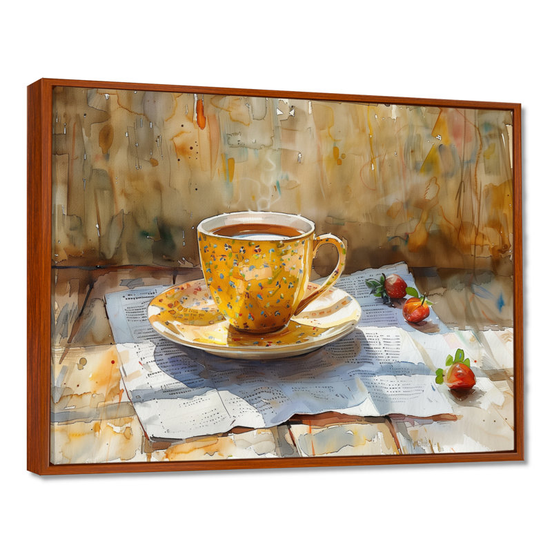 «White Beige Cozy Cup Of Coffee II», impression d'art mural café, Cadre flottant brun, H 16 po x l 32 po