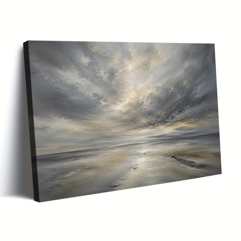 Serene Neutral Tone Coastal Sky Gallery Wrapped Canvas Print with Grey Clouds and Calm Shoreline Ready to Hang, 20x30in