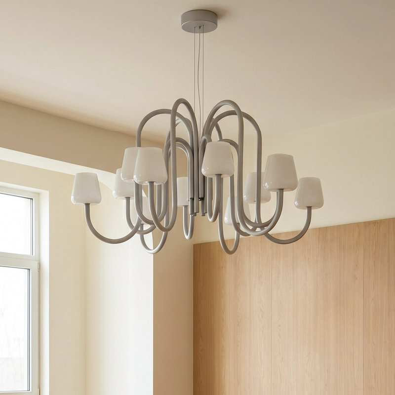 41.93" French Cream-Style Aluminum Curved Pendant Light – Creative Loop Tube Design with Milky White Glass Shade for Living Room Dining Room