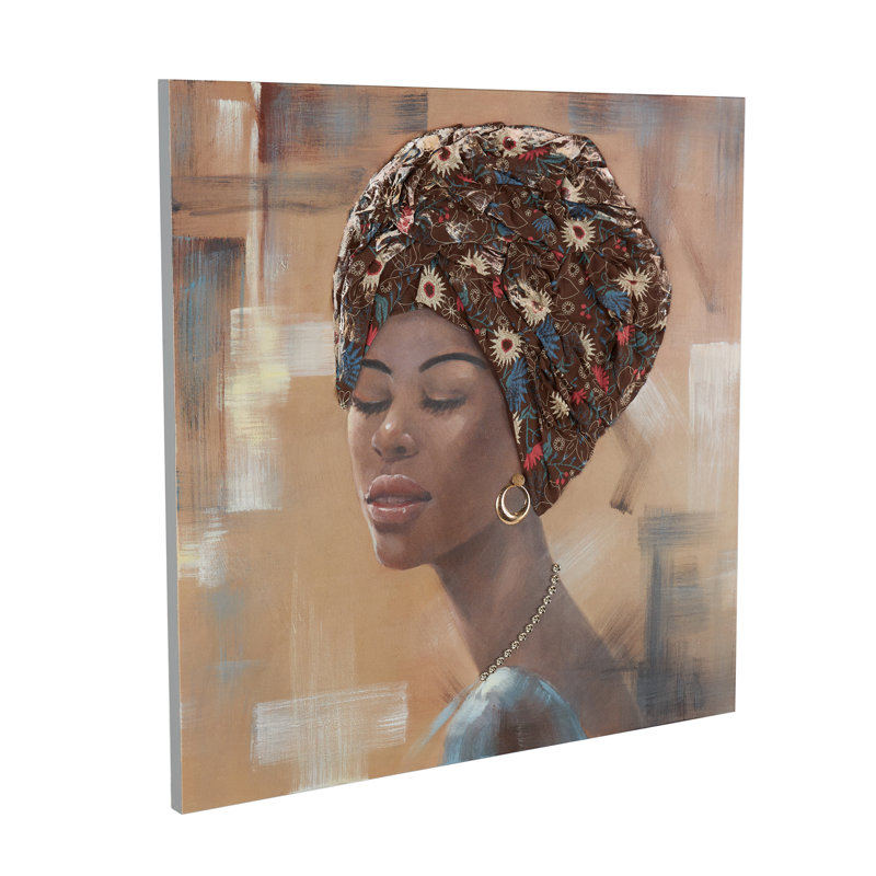 Cole et femme en toile grise, art mural avec coiffe en tissu 3D et bijoux en or