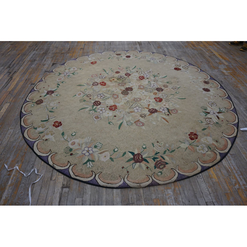 Light Color Antique Round Shape Floral Pattern American Hooked Rug