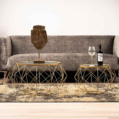 Axxton Round Metal Gold Nesting Coffee Table For Living Room Furniture, Nest of Tables with Glass Top