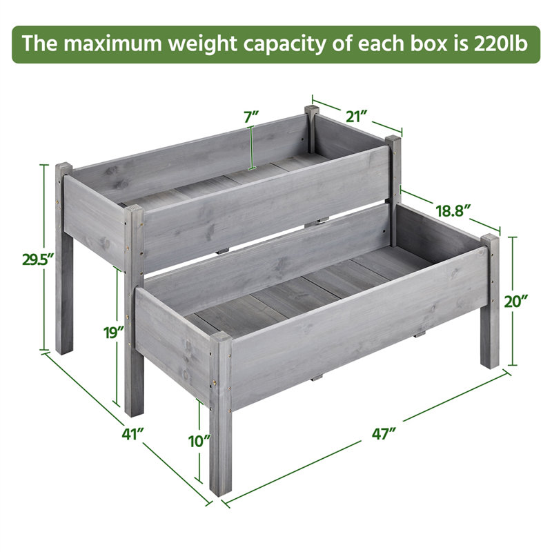 Aadhira 2-tier Fir Wood Elevated Planting Box, Gray