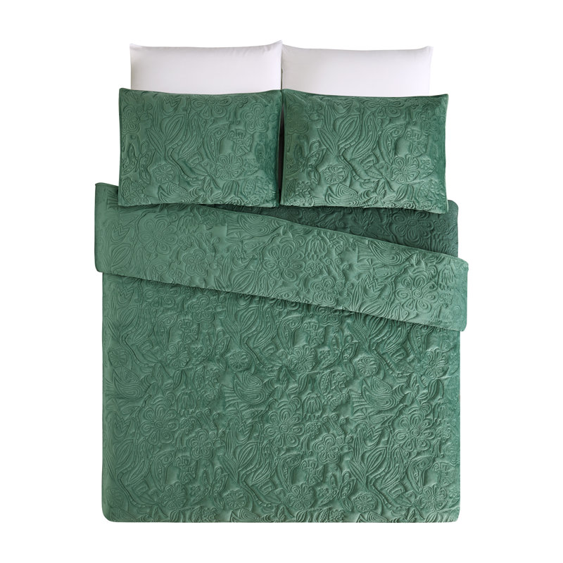 Emerald Green Velvet Full Quilt Set with Botanical Motif