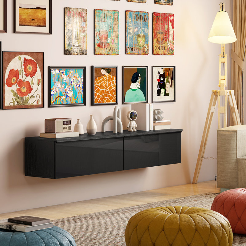 Meuble télé mural avec rangement, console multimédia flottante, noir, Noir