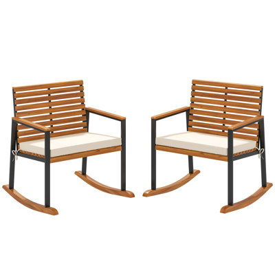 Chaise berçante d'extérieur en bois d'acacia, ensemble de 2 chaises berçantes d'extérieur avec accoudoirs, coussin, blanc crème