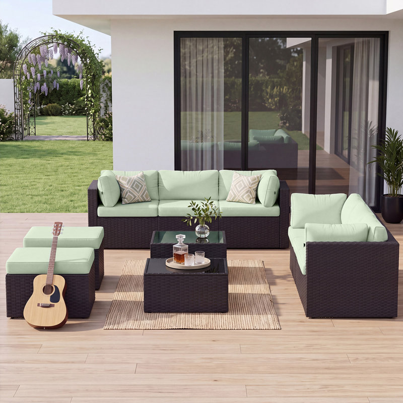 Canapé d'angle modulaire en résine tressée de 10 pièces avec pouf et coussins, Vert