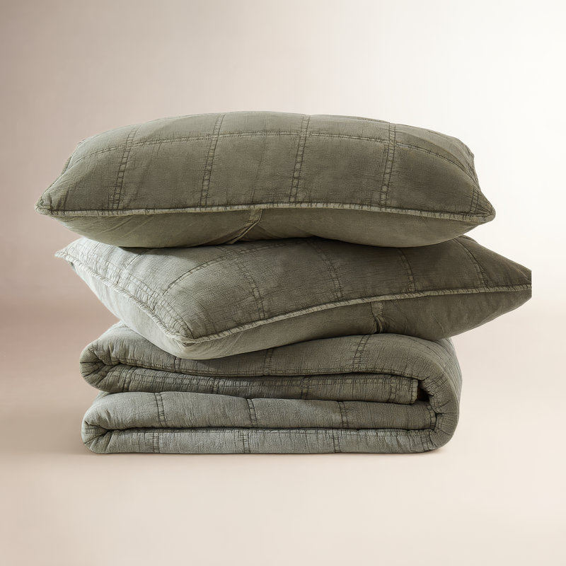 Logan Stone Washed Cotton Quilt 3Pc Set, Queen Quilt + 2 Standard Shams, Gray