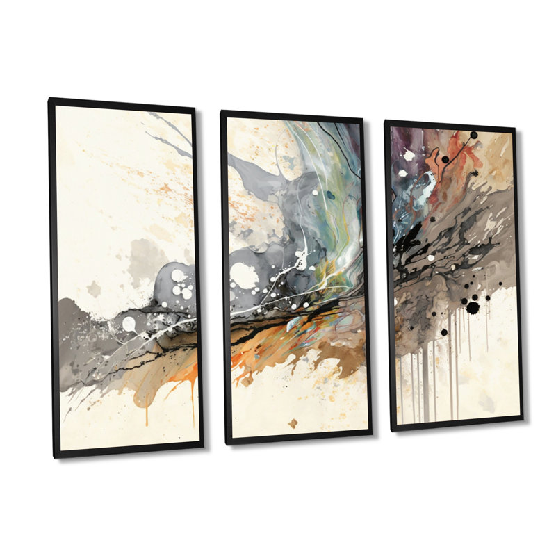 «Jazz Rhythms In Shades Of Grey III», ensemble d'art mural abstrait à l'encre liquide, Cadre flottant noir, H 28 po x l 36 po