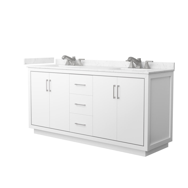 Meuble-lavabo double autoportant avec plateau en marbre de culture 72 po Icon, Blanc, Nickel brossé