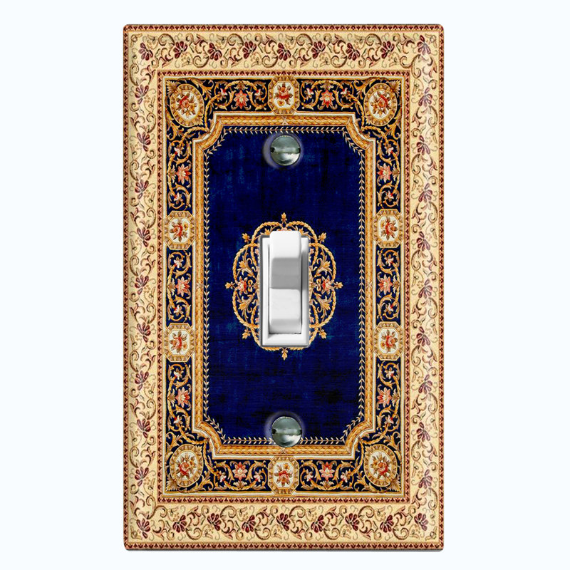 Metal Light Switch Plate Outlet Cover (Elegant Colourful Frame Rug Navy Blue Paint - Single Toggle)