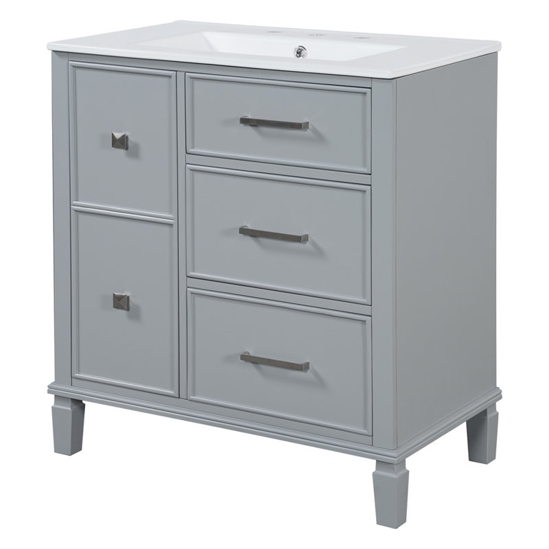 Meuble-lavabo moderne avec lavabo à tiroir en céramique et panneau de fibres à densité moyenne durable, Gris