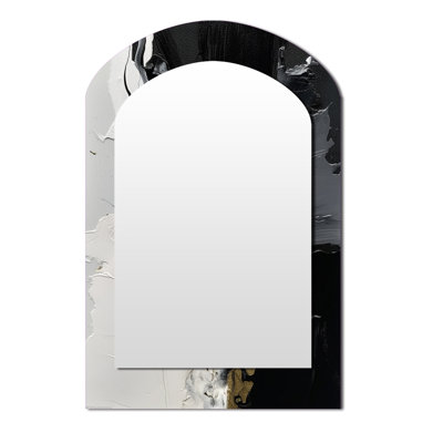 Black Textured Splash Paint Art I - Abstract Painting Asymmetrical Wall Mirror, Modern Arch Decorative Mirror, Printed Metal Art