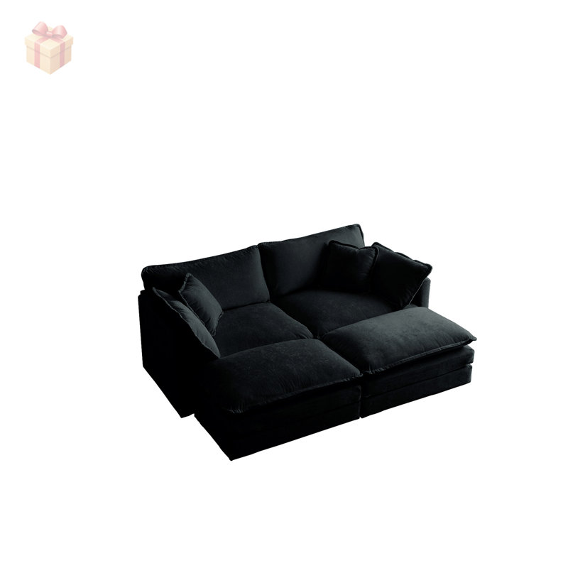 Canapé modulaire rembourré 4 pièces avec 2 places et 2 repose-pieds, chenille noire, parfait pour la vie moderne et le confort