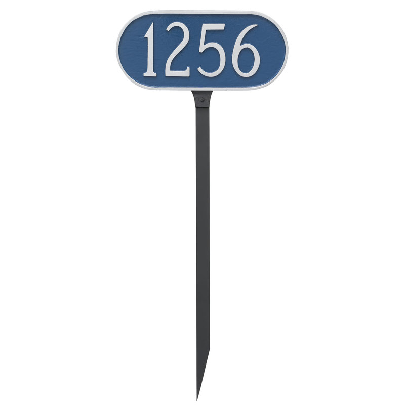 Plaque d'adresse oblongue avec piquet de pelouse, Bleu de mer / Argent