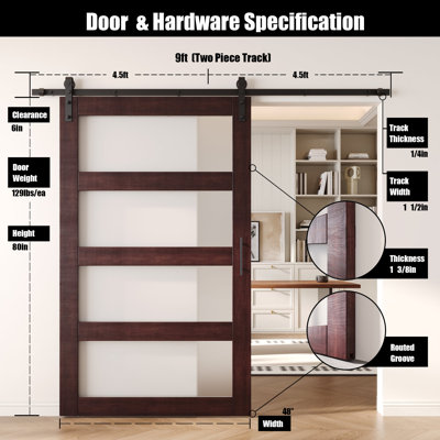 Porte de grange en verre non-assemblé et fini 48 po x 80 po avec ensemble de quincaillerie en acajou rouge 48 po x 80 po Homacer