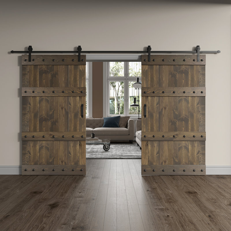 Porte de grange coulissante double en bois de pin avec trousse de quincaillerie Castle Series, Noyer foncé, 72 po x 84 po