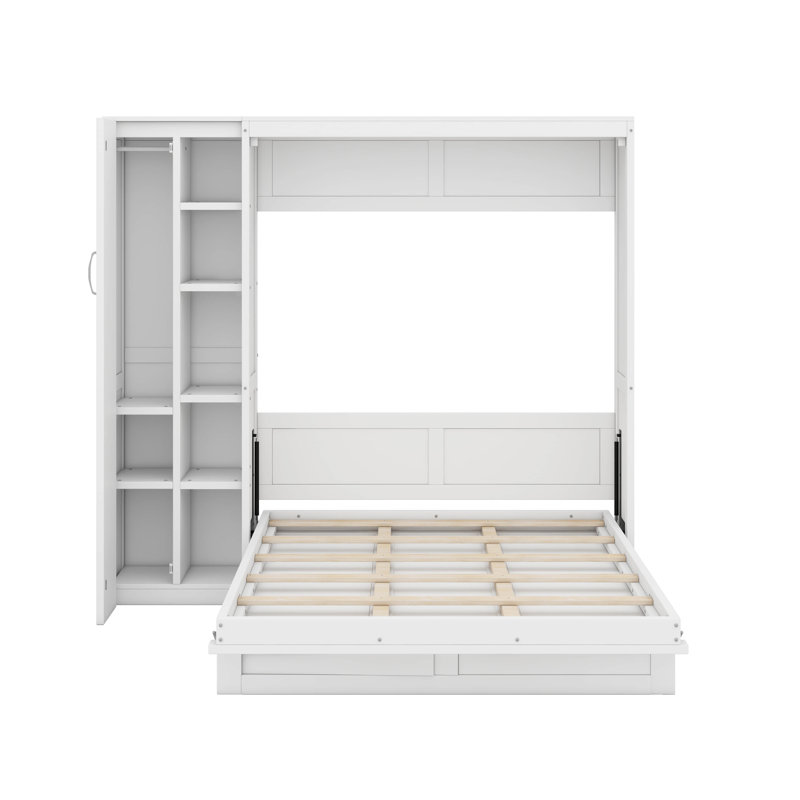 Lit escamotable double avec tablettes, garde-robe et lumières DEL, Blanc