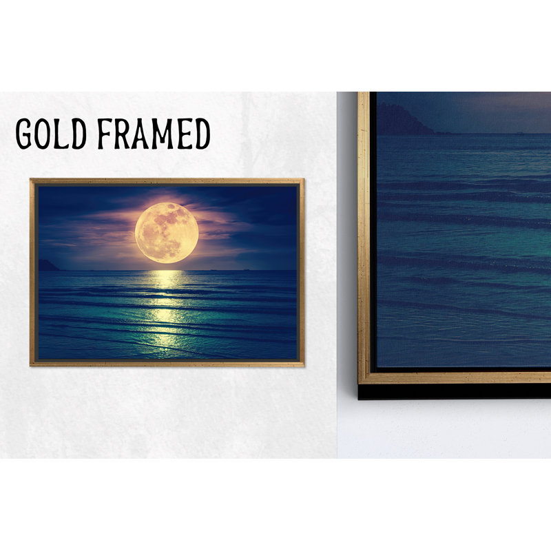 Impression sur toile de paysage marin pleine lune: décor d'art côtier, 1P or encadré