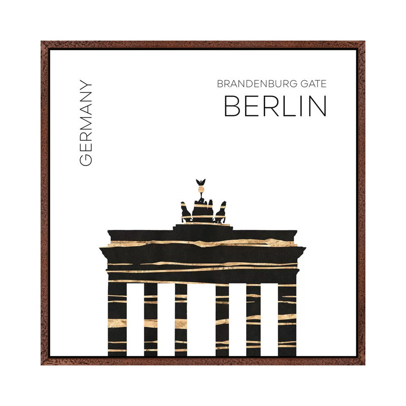 Urban Art Berlin Brandenburg Gate 1 Piece Wall Art on Canvas, 66.04cm H x 66.04cm W x 3.81cm D, Classic Brown Wood Framed