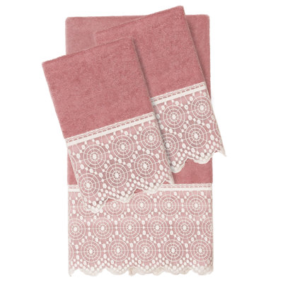  3 Piece Turkish Cotton Tea Rose/White Lace Embellishedm Towel Set