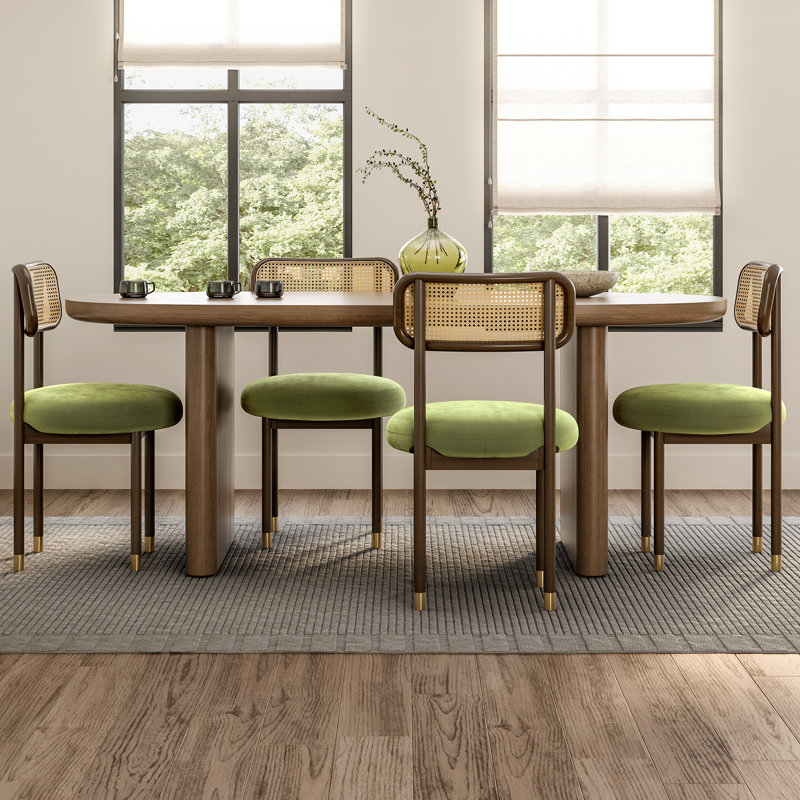 Mid-Century Modern Dining Chairs With Upholstered Seat And Rattan Back - Wood Leg Accent Chairs, 4, Walnut