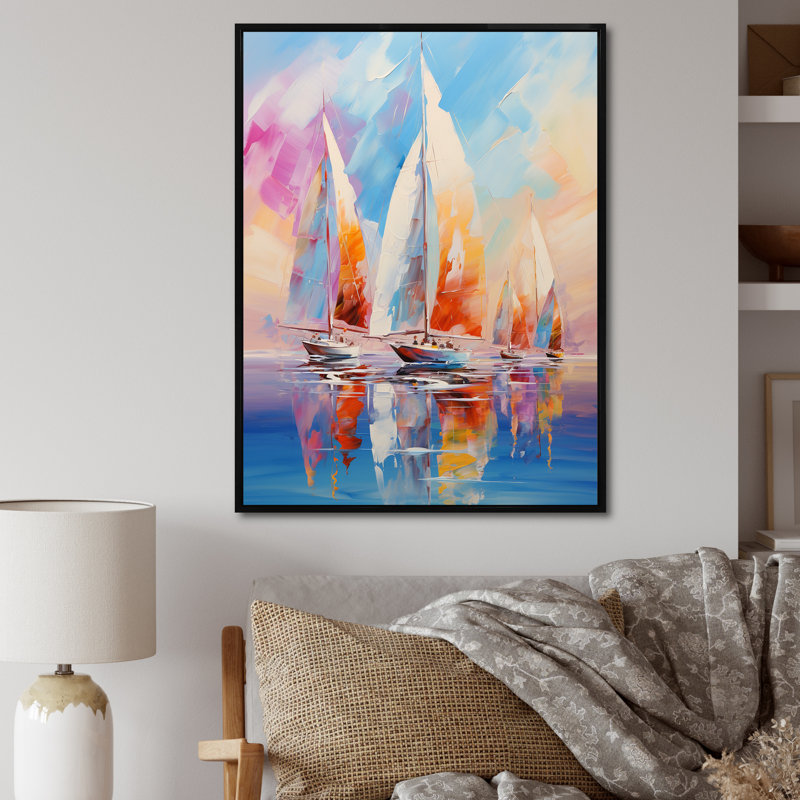 Voiliers abstraits, vents III - bateau à voile, impressions sur toile, H 32 po x l 16 po x P 1 po, Cadre flottant noir