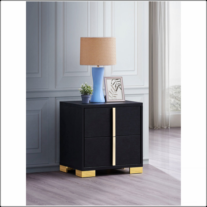 Table de chevet chic 2 tiroirs avec finition noire et accents dorés, parfaite pour un rangement et une présentation élégants