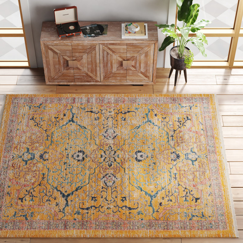 Tapis jaune / bleu / rouge Indigo, Rectangle 9 pi 1 po x 12 pi