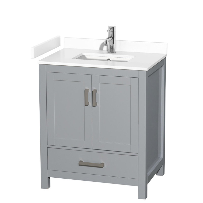 Meuble-lavabo simple avec plateau en marbre Sheffield, Marbre de culture blanc, gris, 30"