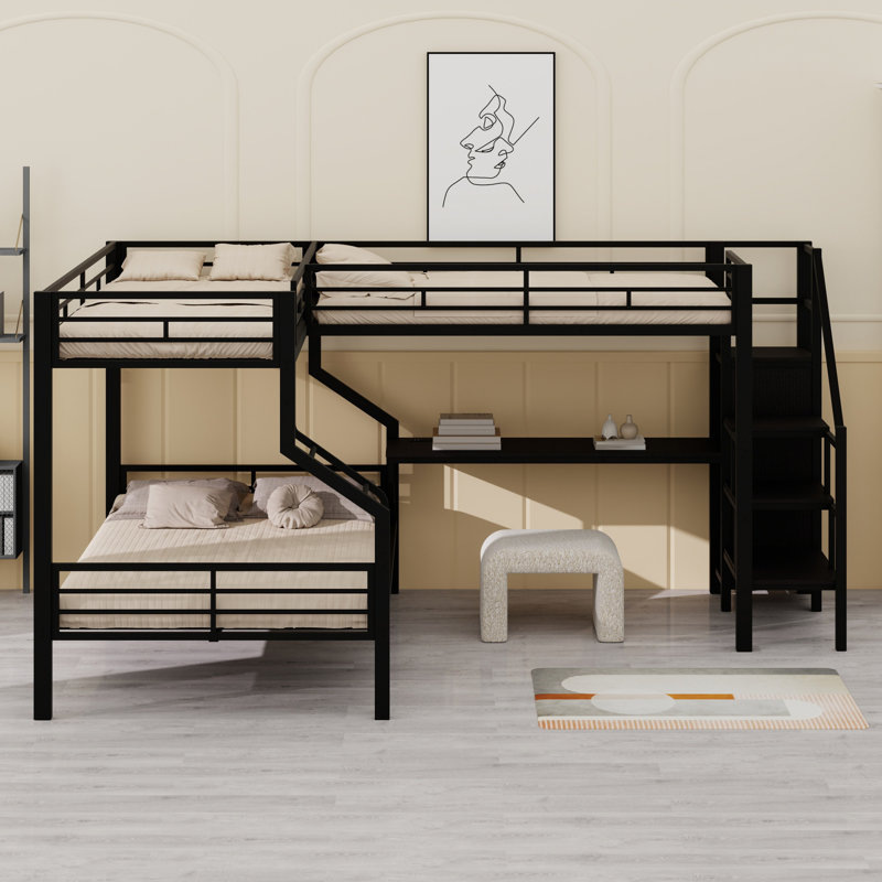 L-Shaped Bunk Loft Bed Featuring Built-In Wardrobe and Desk