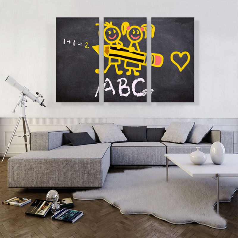 «Kids Alphabet Dessin on Chalkboard School Decor», ensemble de 3 reproductions d'art sur toile tendue
