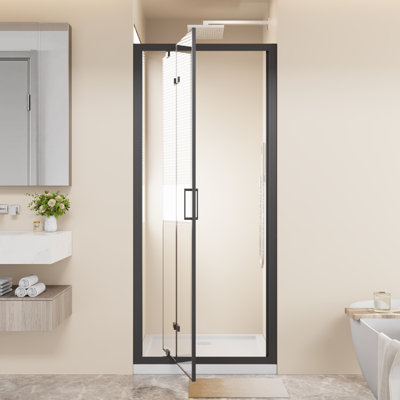 Porte de douche pivotante pliante avec cadre, enceinte pliante peu encombrante avec verre trempé transparent et poignée en acier inoxydable, installation réversible, noir