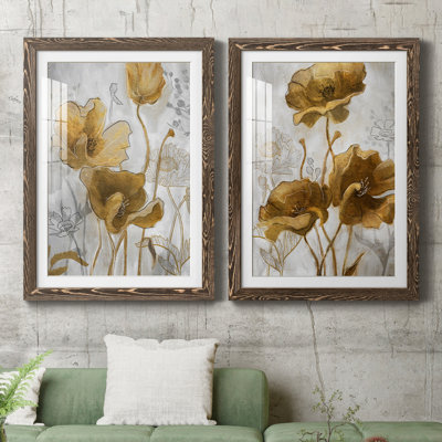 Or et argent Flowerfield I - ensemble de 2 reproductions d'art sur papier encadré