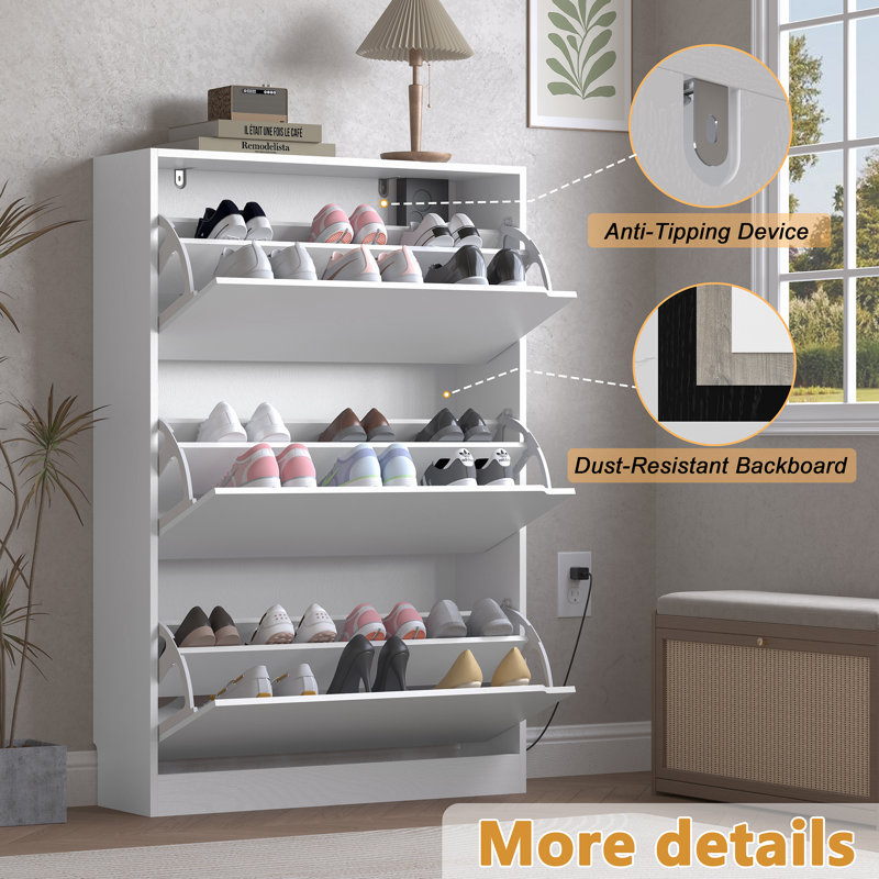 Deodorizing 3-Tier Tri-Fold Shoe Storage Cabinet | Flip-Fold Door Organizer in White, White