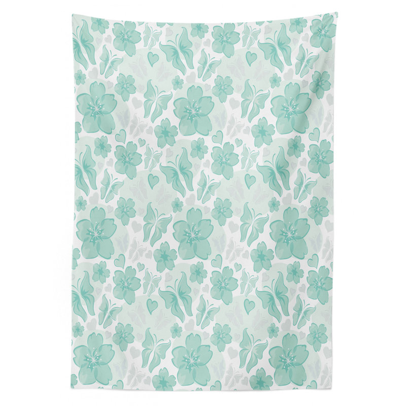 Ambesonne Turquoise Tablecloth, Flowers Butterflies Leaves Pattern Springtime Romantic Design Nature, Rectangular Table Cover For Dining Room Kitchen Decor, 52" X 70", Turquoise Seafoam Pearl
