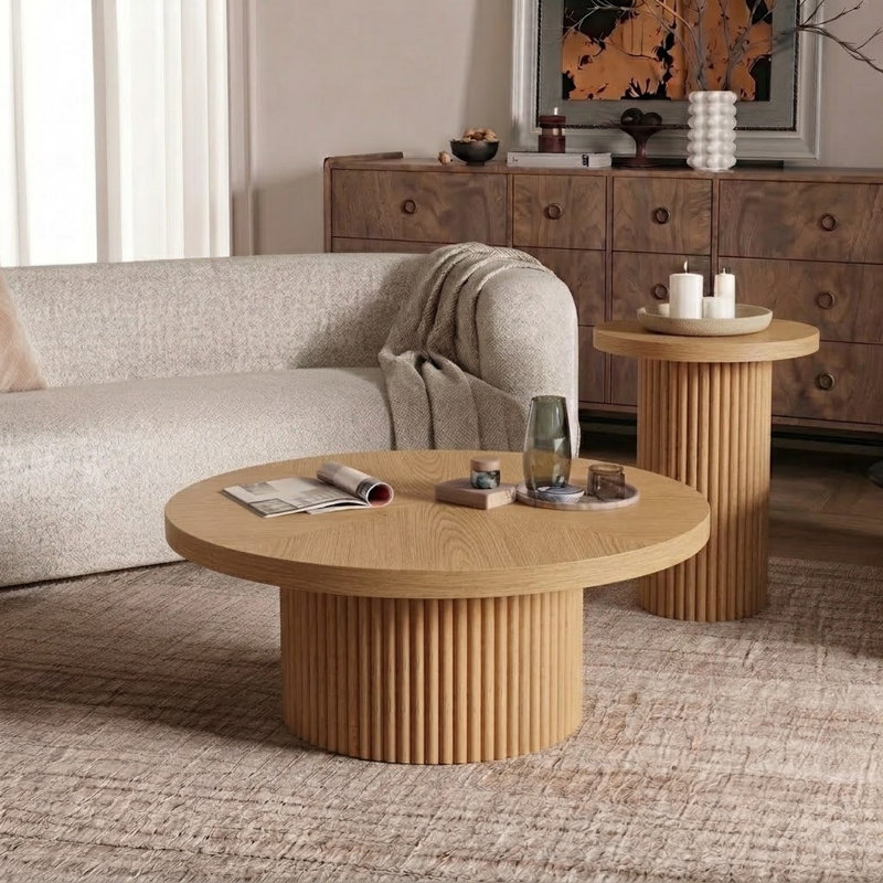 Ensemble de 2 tables basses et table de bout cannelées en bois massif avec base cylindrique, tables de salon modernes fabriquées à la main