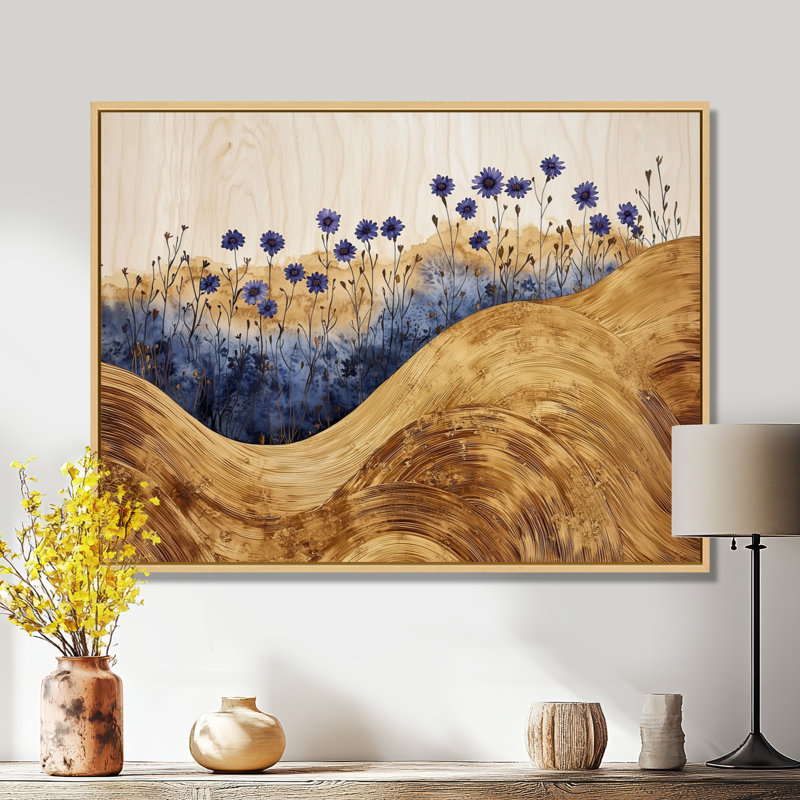 Fleurs bleues turquoise et paysage en bois III - Art mural bleuets, H 16 po x l 32 po, Cadre flottant, Crème, crème