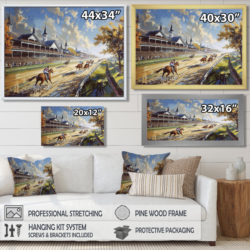 Margrie - Art mural de course de chevaux, H 34 po x l 44 po x P 1,5 po, Cadre flottant brun