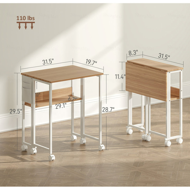 Bureau pliable avec sac de rangement, tablette et roulettes pour petits espaces, bureau à domicile, Naturel