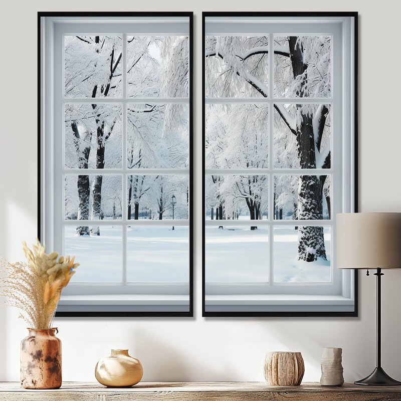 Winter Winter Window Views I - Décoration murale traditionnelle blanche, 32" H x 32" W, Black, Impression encadrée flottante