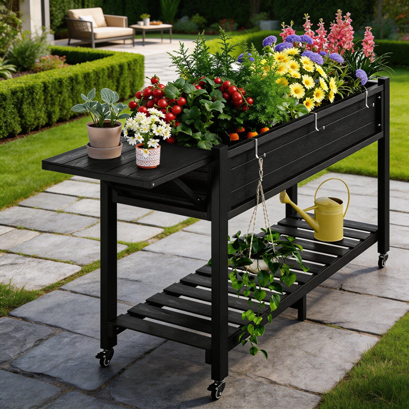 Lit de jardin surélevé surélevé avec pieds de jardinière avec tablette de rangement, Black