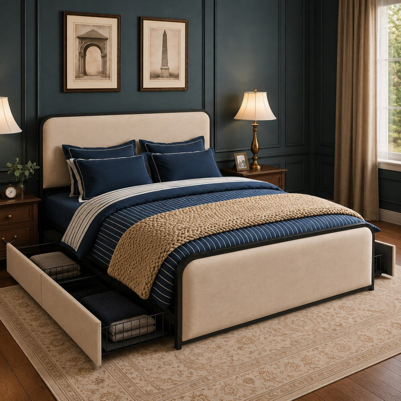Lit plateforme avec rangement Henos, Beige, Très grand