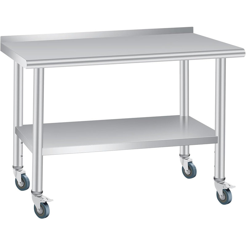 Table en acier inoxydable pour la préparation et le travail avec dosseret, tablette inférieure réglable et 4 roulettes verrouillables, table de travail commerciale en métal pour la cuisine et la restauration