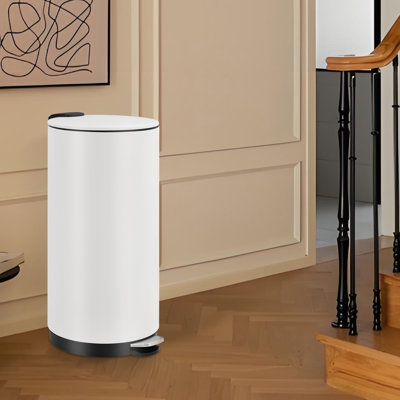 Poubelle ronde 8 gallons, poubelle en acier inoxydable avec couvercle à fermeture en douceur, poubelle compacte avec seau intérieur amovible pour salle de bain de bureau à domicile, blanc
