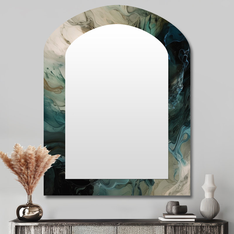 «Green World Inner Worlds of Marble I», miroir décoratif géométrique asymétrique, miroir mural arqué moderne, impression d'art en métal