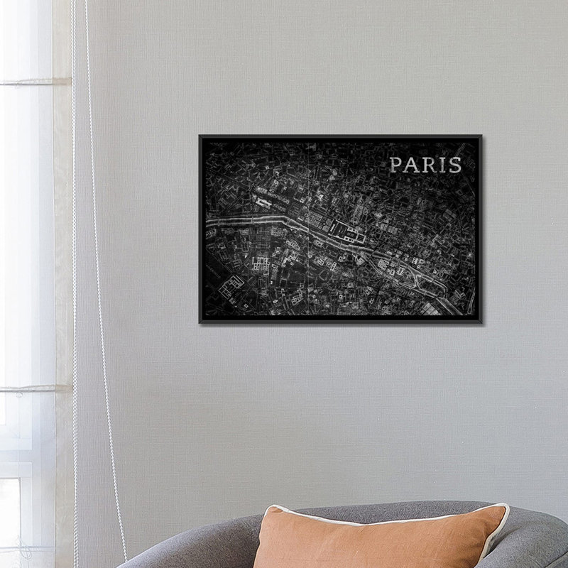 «Map Paris, Vintage in Black», impression sur toile, H 32 po x l 48 po x P 1,5 po, Toile avec cadre noir, Pas de tapis